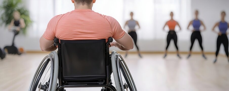 Happy person in a wheelchair participating in a group fitness class, surrounded by others exercising   adaptive fitness, wheelchair exercise