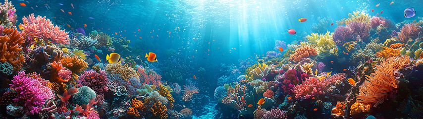 A colorful coral reef teeming with marine life, vibrant corals, and clear blue water. Fish of every hue dart between coral structures, creating a lively underwater ecosystem.