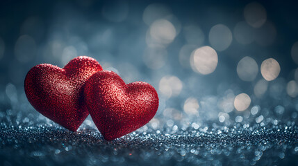 Obraz premium Two Sparkling Red Hearts on a Glittery Blue Background design