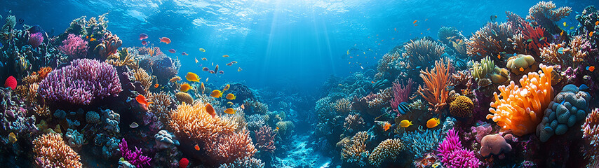 A colorful coral reef teeming with marine life, vibrant corals, and clear blue water. Fish of every hue dart between coral structures, creating a lively underwater ecosystem.