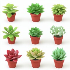 Set of Succulent Plants in Pots on White Background