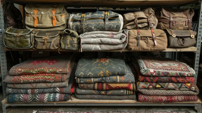 Secondhand Market Display, an inviting array of vintage bags and cozy wool blankets neatly arranged on a rustic wooden shelf, perfect for treasure hunting enthusiasts.