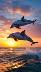 A stunning image of a dolphin leaping through ocean waves at sunset, capturing the beauty and elegance of marine life in a vibrant, colorful setting.