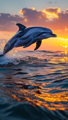 Fototapeta premium A stunning image of a dolphin leaping through ocean waves at sunset, capturing the beauty and elegance of marine life in a vibrant, colorful setting.
