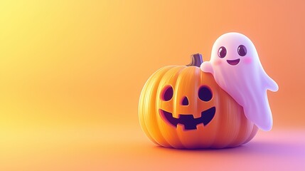 Playful Ghost Peeking from Behind a Large Cartoon Pumpkin, Both Smiling. Cheerful Halloween Scene with Giggling Ghost and Happy Pumpkin on a Pastel Orange Background, Perfect for Fun Holiday Concepts.