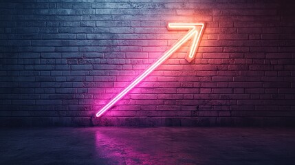 A vivid pink neon arrow points right on a dark brick wall background, capturing urban nightlife's dynamic essence and symbolizing direction and movement.