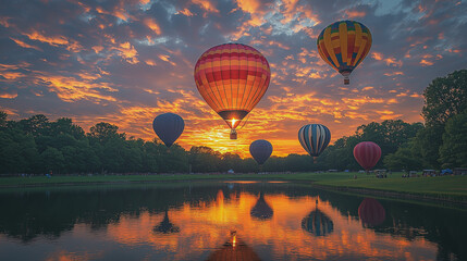 Obraz premium A stunning hot air balloon festival at sunrise, featuring bright, colorful balloons soaring across a vivid sky, with soft golden light reflecting on a peaceful lake below.