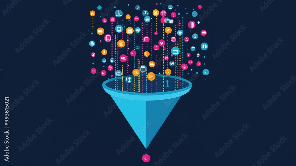 Poster A visual of a large funnel with numbers and icons, showing the collection and analysis of online data for business insights.