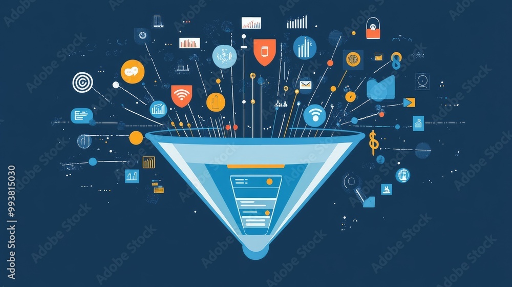 Poster A visual of a large funnel with numbers and icons, showing the collection and analysis of online data for business insights.