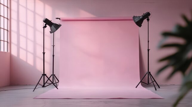 An empty photo studio set up with a pink backdrop and professional lighting equipment, ready for a photography session or a photo shoot.