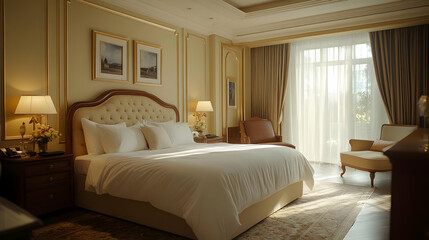 Elegant Bedroom Interior Design with Large Bed, White Linens, and Golden Accents - 3d Illustration