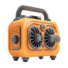 Fototapeta premium Stylish orange portable fan with two powerful dual fans, designed for outdoor relaxation and convenience. PNG. transparent background. cut out