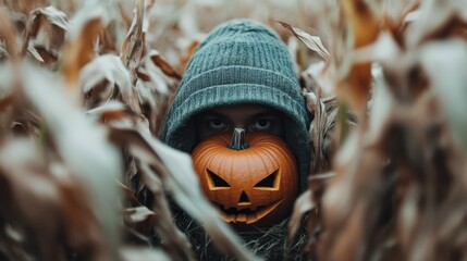 An image depicting a person with a knitted cap amidst dried leaves. The individual's face is blurred, creating anonymity and a sense of mystery while highlighting the autumnal setting.