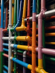 Close-up of colorful pipes on shelves in a hardware store.