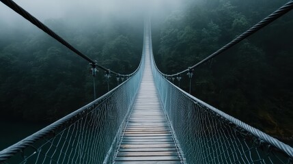 Obraz premium A dramatic capture of a long suspension bridge disappearing into a veil of mist, symbolizing mystery, adventure, and the journey across nature and engineering marvels.