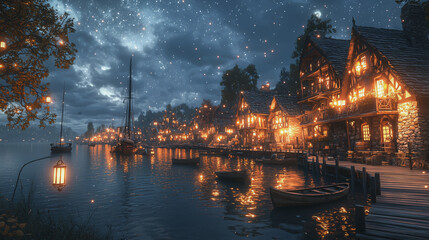 A peaceful, cinematic nighttime harbor town, where flickering lanterns light the wooden docks, and boats gently rock in the calm water. The old stone buildings reflect in the harbor under a starry sky
