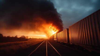 A striking image of a train disaster with thick smoke billowing into the sky, and multiple train cars ablaze. The scene is harrowing, conveying danger and chaos on the railway tracks.