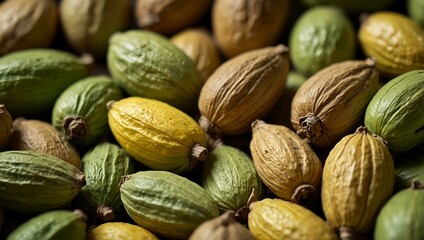Close-up of green and yellow cardamom pods.