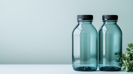 A minimalist image featuring two empty glass jars with black lids, displayed against a light, clean background, evoking simplicity and neatness in composition.