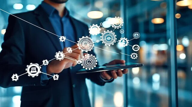 An image of a businessperson holding a tablet with a 3D model of a business strategy, overlaid with elements of agility such as rotating gears and shifting pathways, symbolizing flexible management