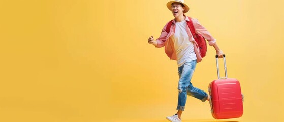 Young man with red suitcase, running happily in glasses, straw hat, jeans, and white shirt, ready for a journey. Yellow background adds to the lively scene.
