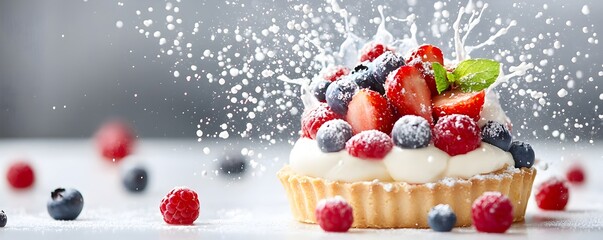 Vibrant Fruit Tart Splash - Captivating Action Shot of Custard and Berry Sauce in Mid-Splash Showcasing Luscious Textures and Dynamic Motion