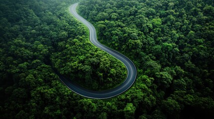 A curving road meanders through a thick forest with lush green foliage, offering a striking contrast between human development and the natural world.