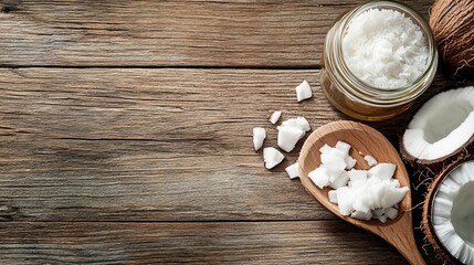 Fresh Coconut Pieces and Oil on Wooden Background