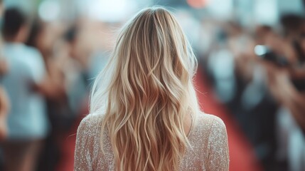 A blonde woman with styled wavy hair walks away on a bustling red carpet event, sparkling in a glimmering dress, capturing glamour and focus amidst the crowd in the background.