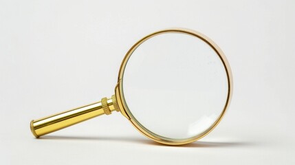 Fototapeta premium A classic gold magnifying glass with a sleek design and clear lens is displayed elegantly against a white background, exuding a timeless charm.
