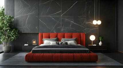 Modern Bedroom Interior Design with Red Bed and Black Marble Walls 3D Illustration