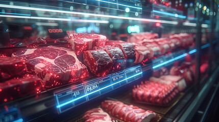 Meat aisle with various cuts displayed in a refrigerated grocery section. close-up of a meat fridge in a grocery store filled with various cuts of fresh meat various cuts of beef, pork and other meats