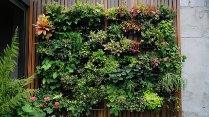 An eco-friendly vertical garden panel mounted on a building, overflowing with lush greenery and small flowering plants.