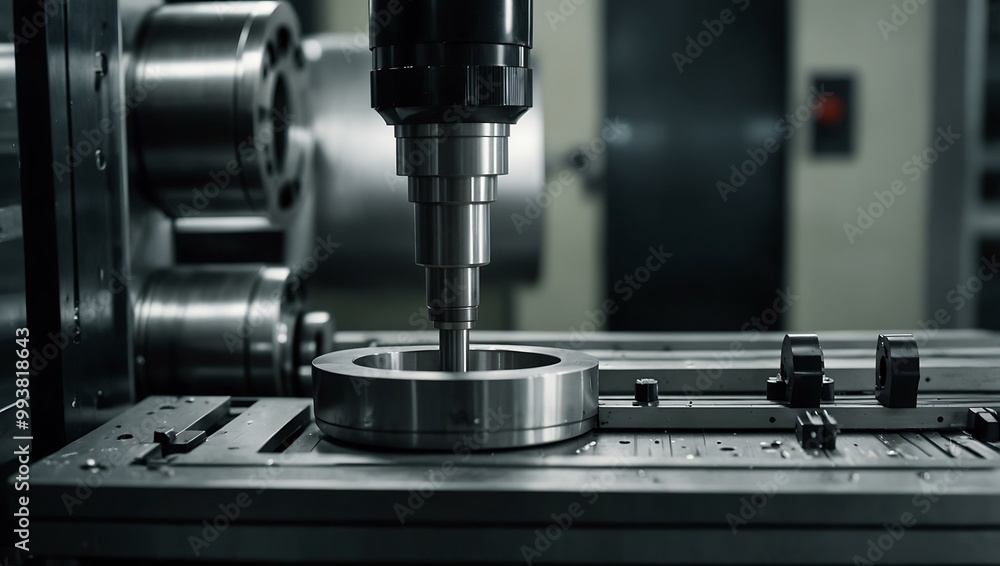 Poster cnc lathe producing material parts with computer control.