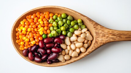 A wooden spoon holds a colorful mix of beans, lentils, corn, olives, and peas.  The ingredients are arranged on a white background.