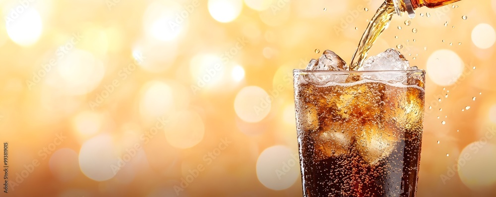 Poster refreshing soda pouring with ice splash - dynamic action shot capturing the vibrant energy of fast f