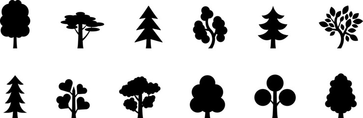 The Trees with the Most Vibrant Fall Leaf Colors. Tree icon, simple silhouettes. Forest. Flat trees set, pines, spruces, conifers and deciduous trees. Autumn Leafs isolated vector illustration.
