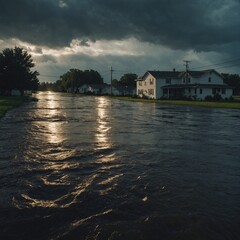 Fototapeta premium Urban areas devastated by severe flooding as torrential rains cause major infrastructure issues