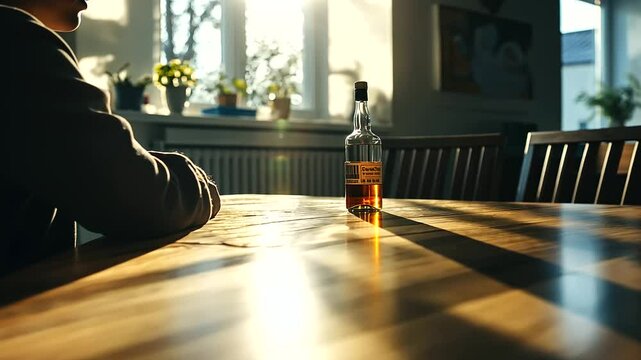 A person stares blankly at a bottle of alcohol on a table, with shadows encroaching from all sides