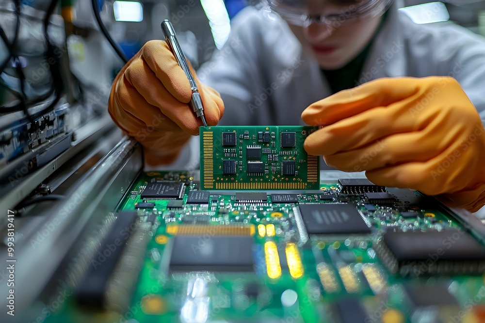 Aufkleber technician inspects circuit board with precision tools in a lab