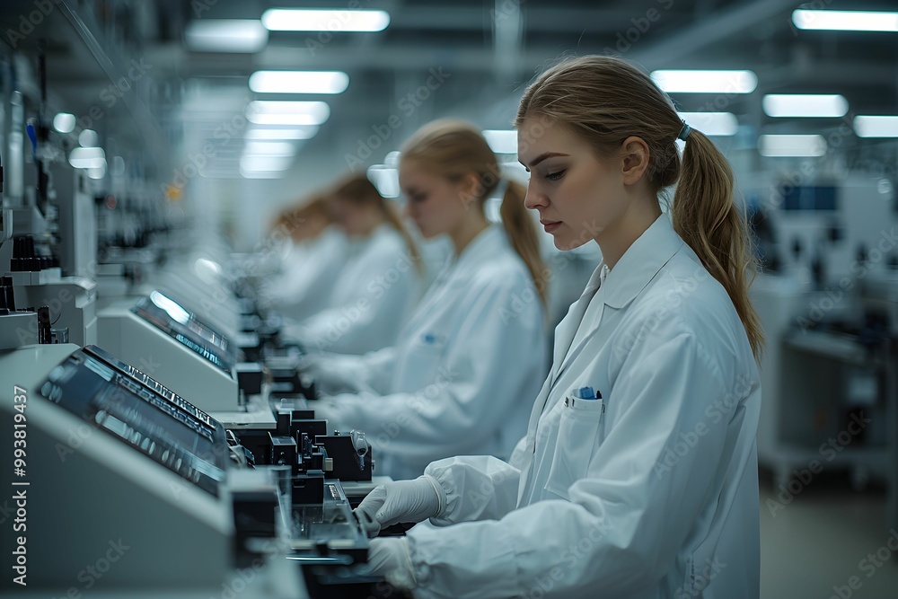 Poster lab technicians working meticulously in a modern laboratory setting