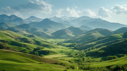 Fototapeta premium Azerbaijan's countryside is stunning, especially on a sunny afternoon in spring. The mountains are beautiful, with rolling green hills and grassy fields. It's a peaceful and picturesque place.