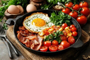 A Savory Breakfast Dish Featuring Fried Egg, Bacon, Tomatoes, and Parsley
