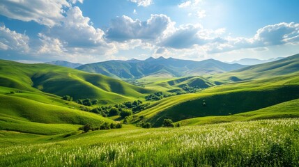 Fototapeta premium Azerbaijan's countryside is stunning, especially on a sunny afternoon in spring. The mountains are beautiful, with rolling green hills and grassy fields. It's a peaceful and picturesque place.