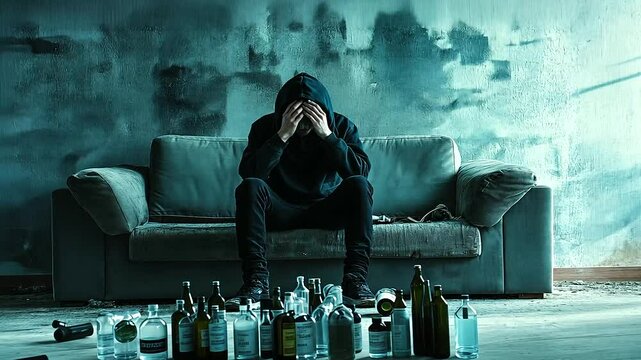 A solitary person sits on a worn-out couch surrounded by empty bottles, their head in their hands, symbolizing the overwhelming sense of defeat and the crushing weight of alcohol dependency