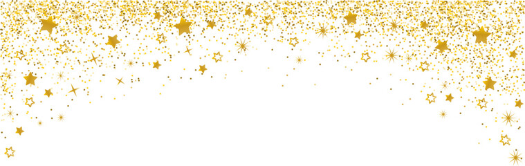 Stars seamless border. Golden glitter background with falling glitter confetti and  snowflakes. Luxury sparkling confetti.  Falling gold glitter.  Dust golden sparks. Christmas background.