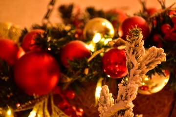 Close-up of the Christmas floral wreaths. Festive and home decoration. Winter season, winter festive. Christmas celebration, Xmas celebration. For background use.