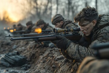 Fototapeta premium Soldiers taking aim during dawn in a rugged battlefield setting