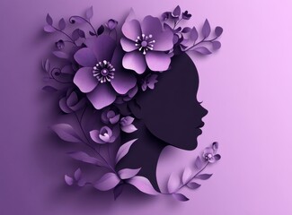 Paper cut of a woman's head with flowers on a purple background