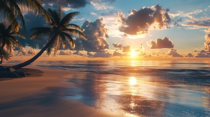 Stunning sunset over a calm beach scene. Warm golden light, relaxation